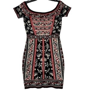 NWT Chelsea & Violet Red Black Cream Nordic Print Knit Sweater Dress